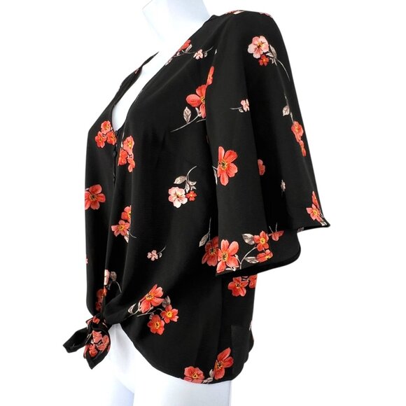 Lush Krisantha Tie Front Short Sleeve Blouse Black Floral Size Small NWT - Picture 6 of 11